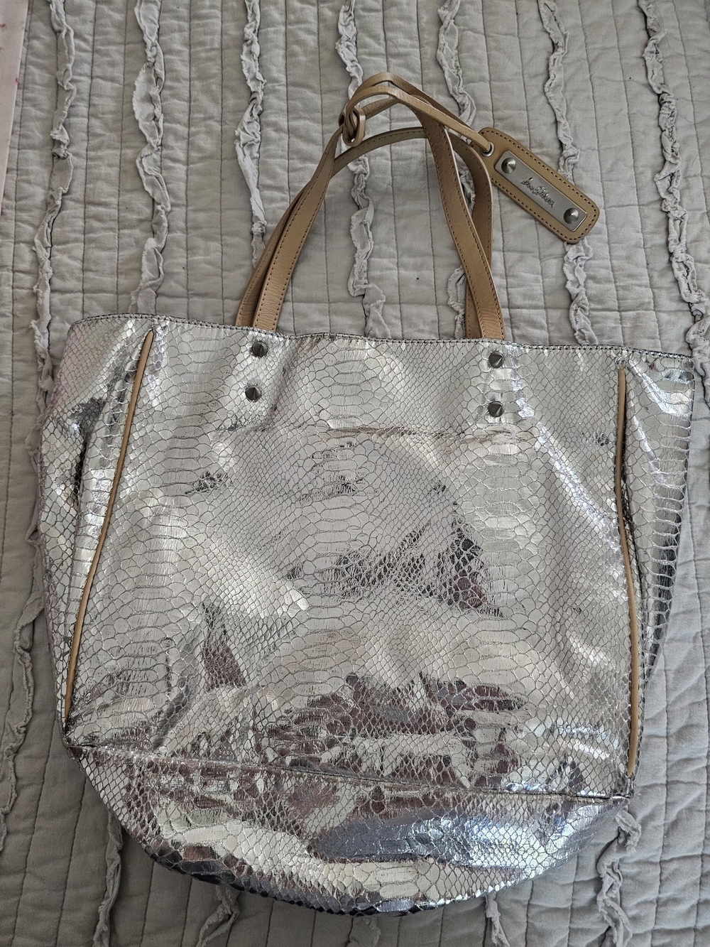 Sam Edelman Metallic Silver Tote Bag with Tan Handles